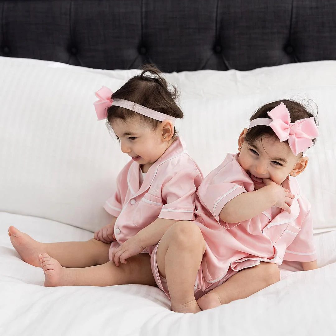 Midnight Mischief - Baby & Kids Luxe Satin Personalised Short Sleeve Pyjama Set | Bubble Gum Pink & White