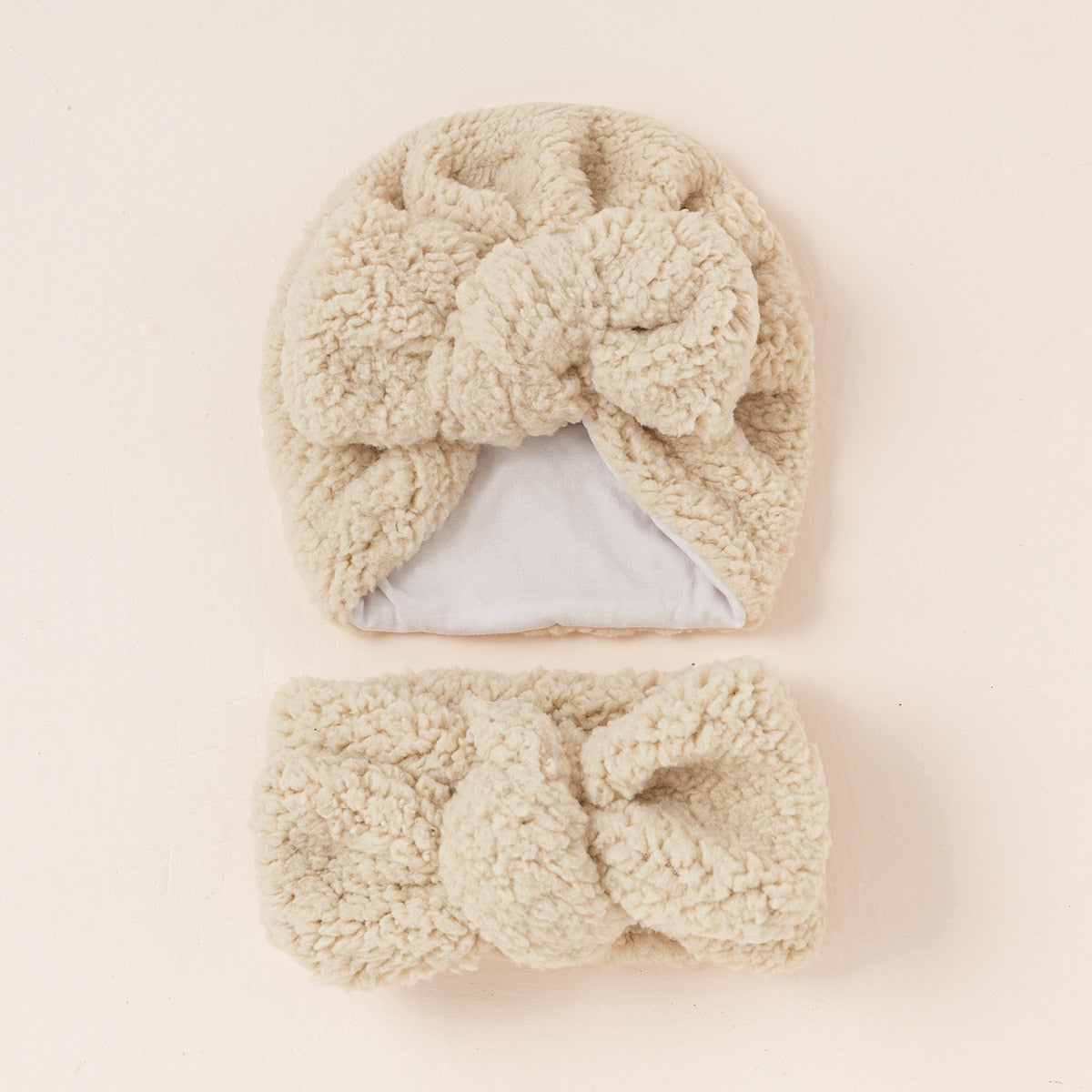 Luxe Fluffy Oversized Headwrap & Bow Beanie | Tan