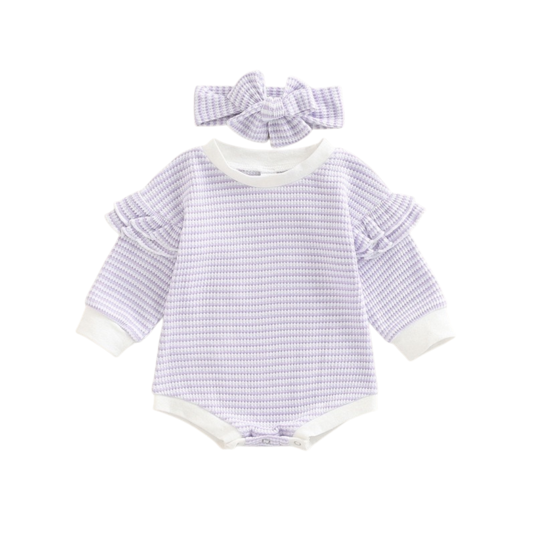 Striped Flutter Bodysuit & Matching Headband | Purple